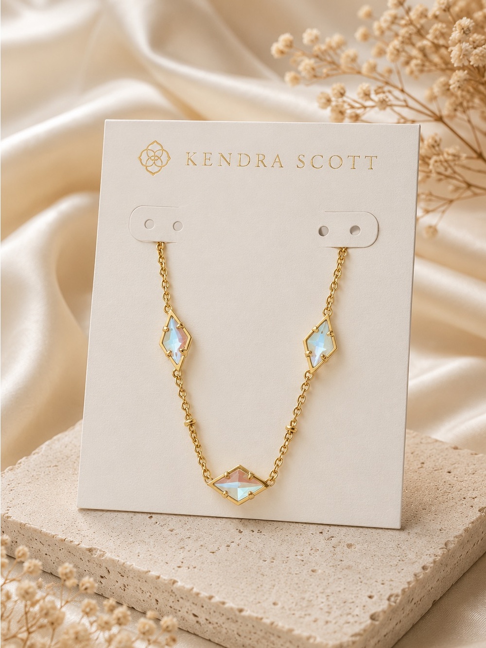 Kendra Scott Greta Gold Strand Necklace in Blush Dichroic Glass. - Picture 7 of 7